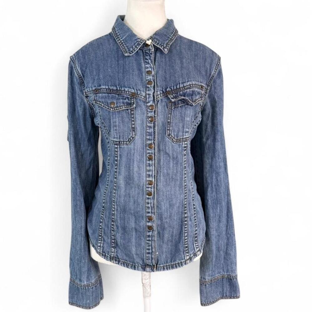 DKNY Light Weight Denim Collard Embroidered Patch Jacket women’s size Large (14)